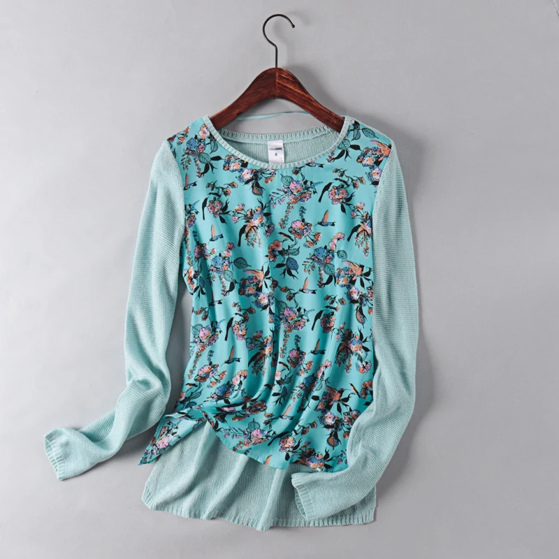 Women sweater spring autumn long-sleeved female knitted top tees printed thin light green Breathable panelled Sweaters