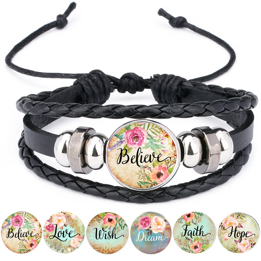 

Bible Verse Leather Bracelet Faith Dream Love Hope Believe Art Glass Dome Charms Bracelet Psalm Quote Jewelry Christian Gifts