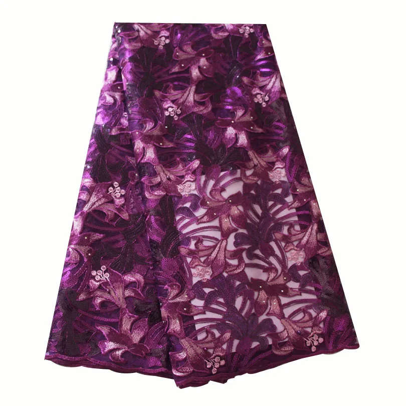 

Ourwin Purple Lace Fabric Embroidery Heavy Sequins African Fabric Lace Polyester Tulle Lace Fabric 2019 for African Parties