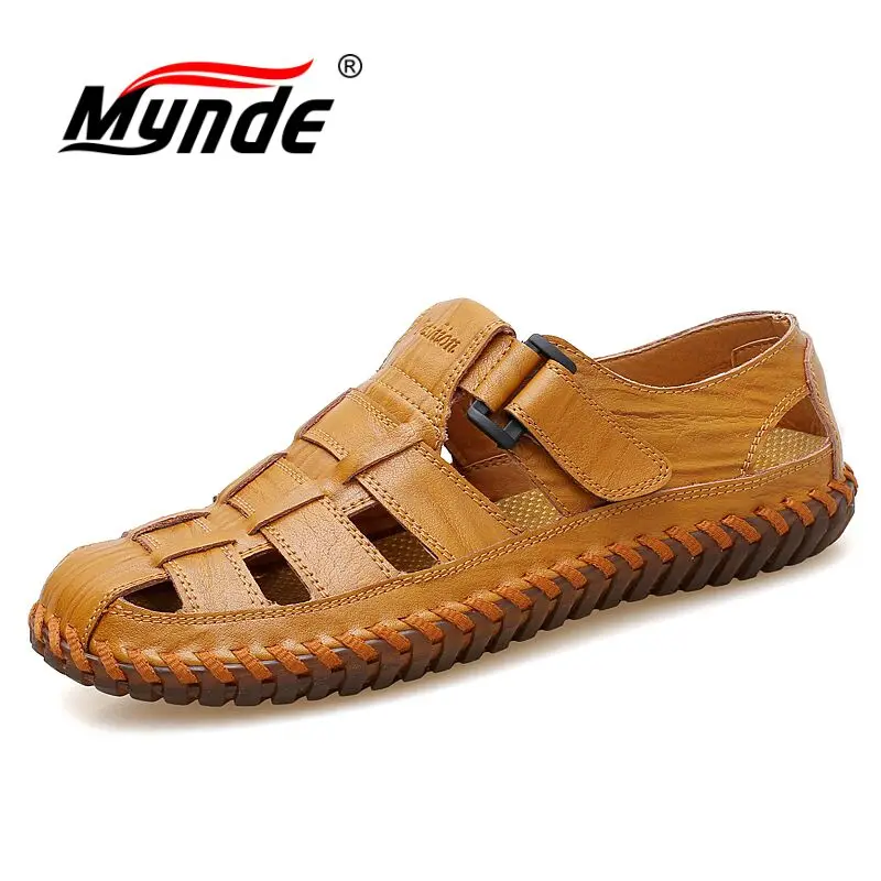 MYNDE/мужские сандалии из коровьей кожи; коллекция года; Летняя мужская обувь ручной работы; Мужская дышащая повседневная обувь; прогулочные сандалии - Цвет: Yellow brown