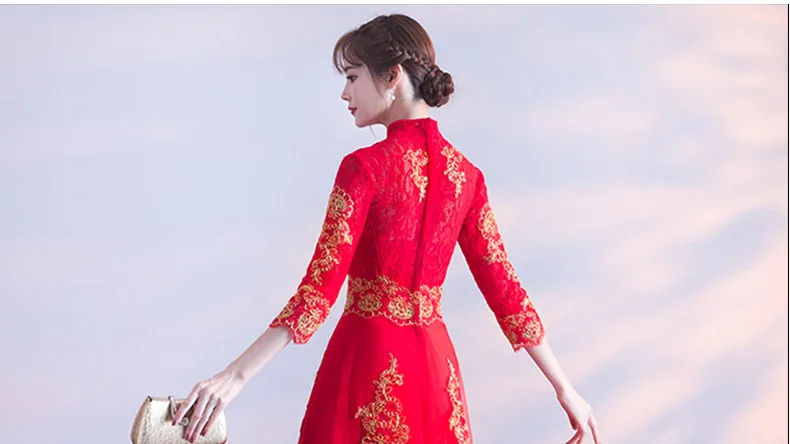 2018 Длинные Cheongsam кружево Красный Qipao свадебное платье традиции китайской моды вечерние платья Vestidos Chines Oriental воротники