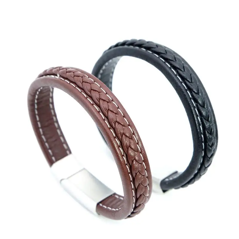 VEROMCA Punk Jewelry Purple Green Genuine Braided Leather Bracelet Stainless Steel Magnetic Clasp Double Leather Bracelets (5)