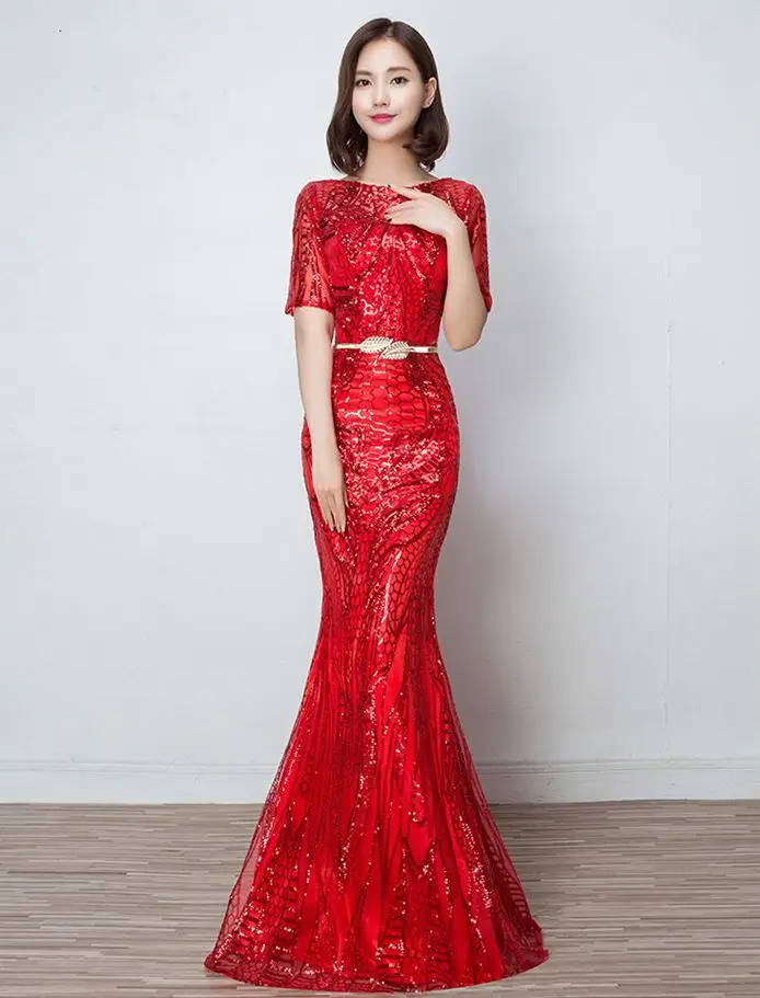 Vestido para festa de casamento2019 новинка из кружева, с вырезом на шее, с блестками, Сексуальная Русалка, золотой, красный, фиолетовое платье для невесты, длинное sukienka plus - Цвет: Красный