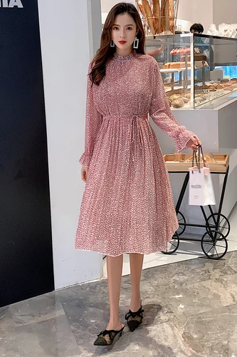 Elegant Stand Collar Floral Print Women Dress Full Sleeve Elastic Slim Waist Chiffon Autumn A-line female Dress Elegant Stand Collar Floral Print Women Dress Full Sleeve Elastic Slim Waist Chiffon Autumn A-line female Dress