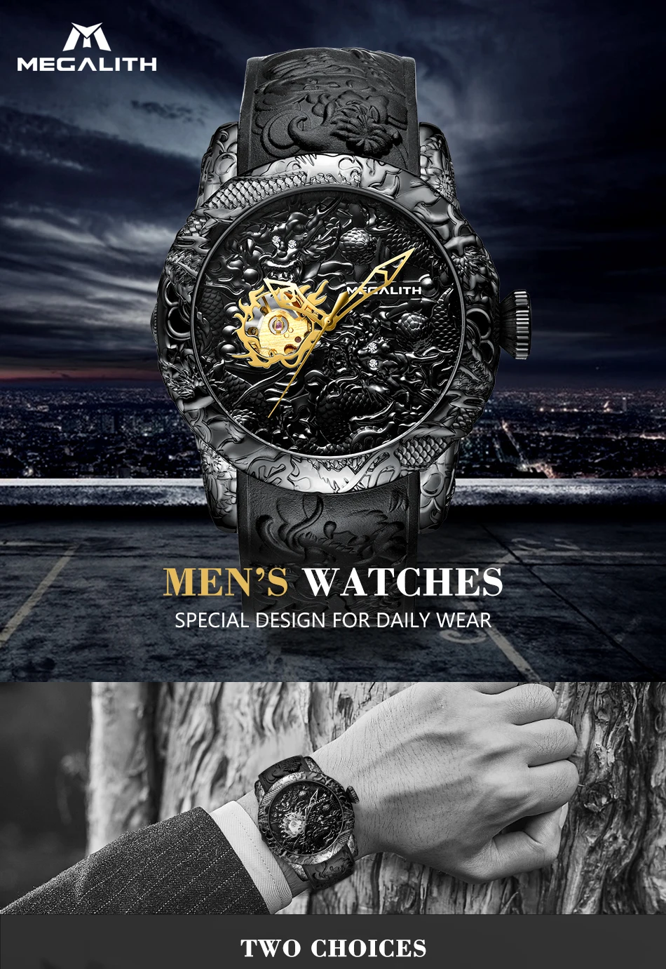Модные мужские часы MEGALITH с изображением Золотого Дракона, автоматические механические водонепроницаемые наручные часы с силиконовым ремешком, Relojes Hombre