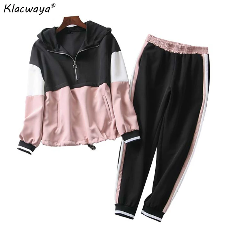 Online Rosa Patchwork Zwei Stück Set Outfit Frauen 2019 Frühling Herbst Mit Kapuze Bomber Jacke Set Damen Jogger Set Mädchen Lose hoodies Set