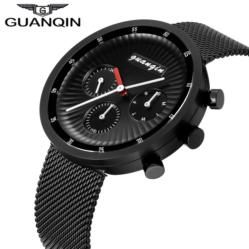 

GUANQIN Luxury Brand Men Watch 24 Hour Week Date Display Stainless Steel Mesh Band Student Quartz Wrist Watch Relogio Masculino
