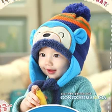 Новорожденные Детские ручной работы связанные крючком шапка с ушами зимняя шапка мультфильм обезьяна шапочки 13