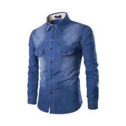 2018 мужские сплошной цвет хлопок джинсовые рубашки груди двойной карман тонкий с длинными рукавами джинсовая рубашка однобортный мыть плюс