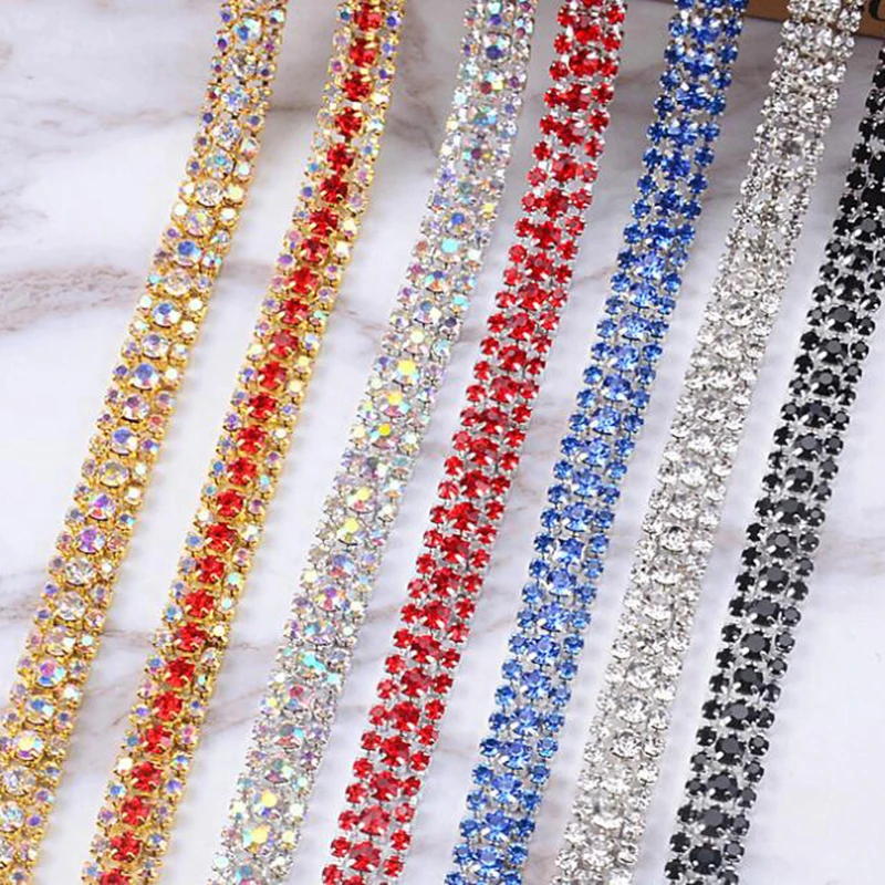 10 Yards Clear Rhinestone Sew On AB 3 Rows Gold Chain Silver Close
