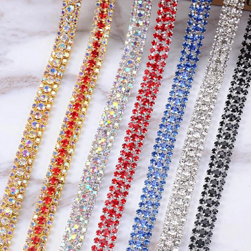 

10Yards Clear Rhinestone Sew On AB 3-Rows Gold Chain Silver Close Chain Trim Trimming DIY Sewing Accessories Art Craft
