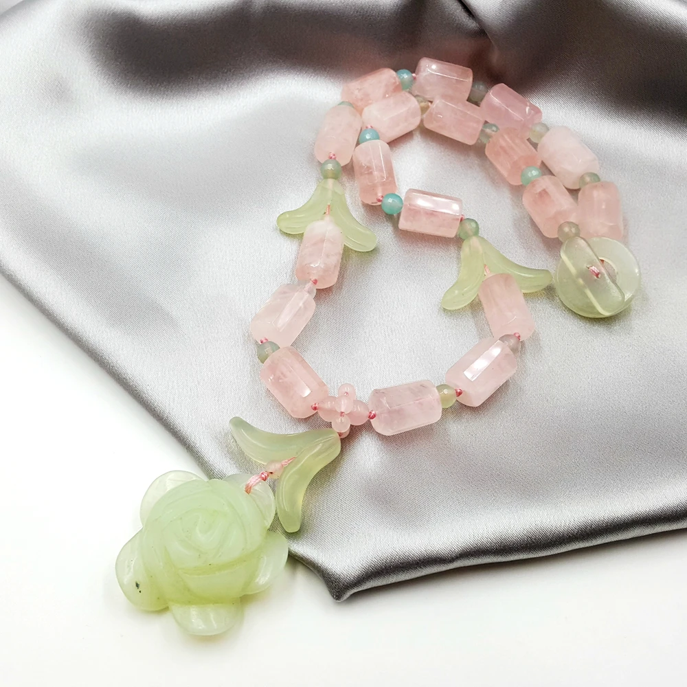 LiiJi уникальный натуральный розовый quartzs нефрит резной цветок розы кулон милый ручной работы вязание ожерелье для женщин ювелирные изделия