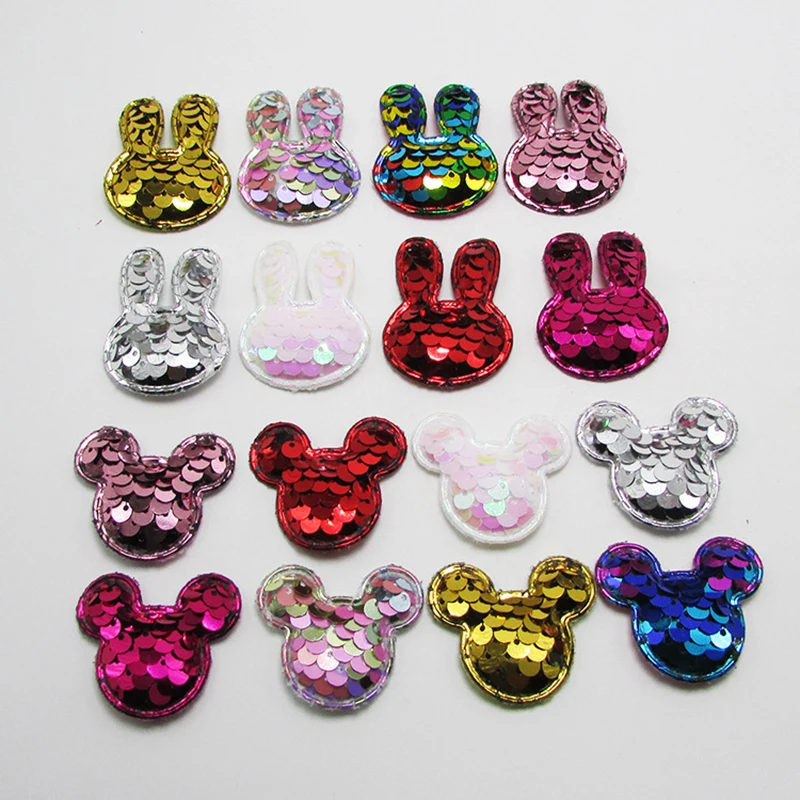 

32pcs/lot Sequin Paillette Rabbit Pads Patches Rabbit Head Appliques for Craft Clothes Sewing Supplies DIY Hair Clip Accessories