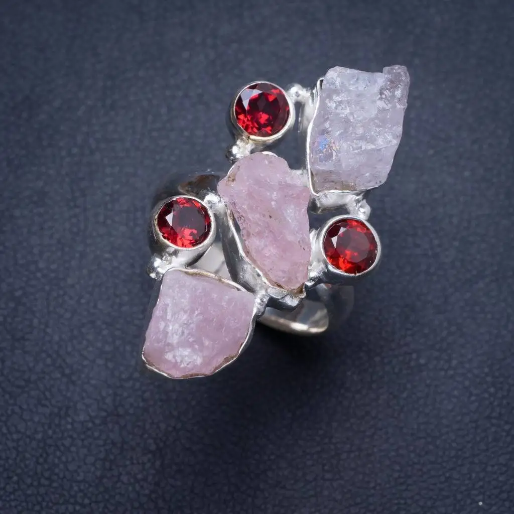 

Natural Rose Quartz and Garnet Handmade Unique 925 Sterling Silver Ring 8.25 Y4064