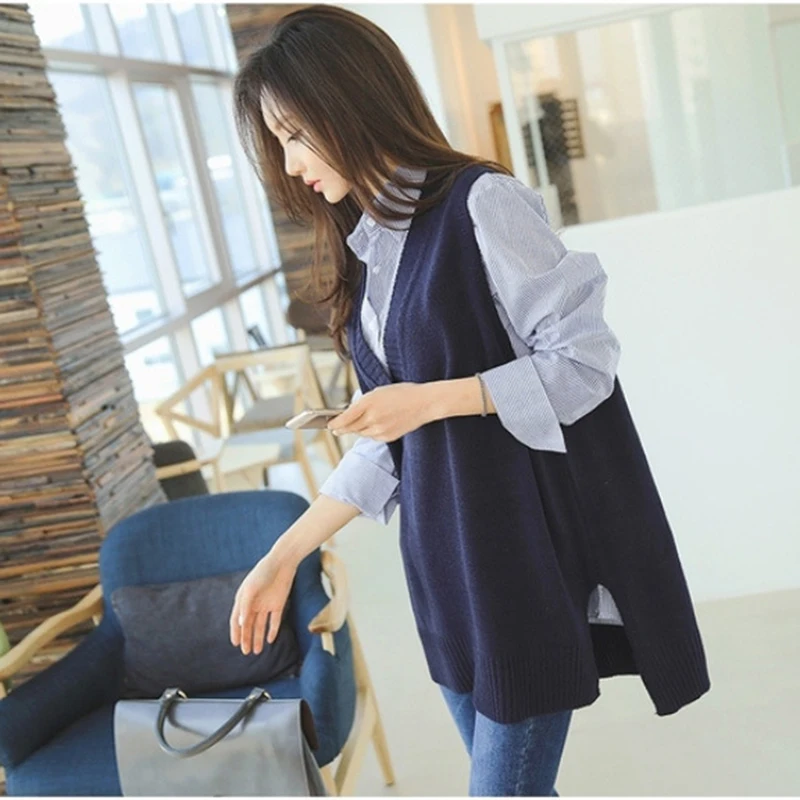 

Korean Sleeveless Knitted Vest Women Gilet Spring Autumn Cashmere Sweater V Neck Pullovers Split Casual Loose Dress Female Tops