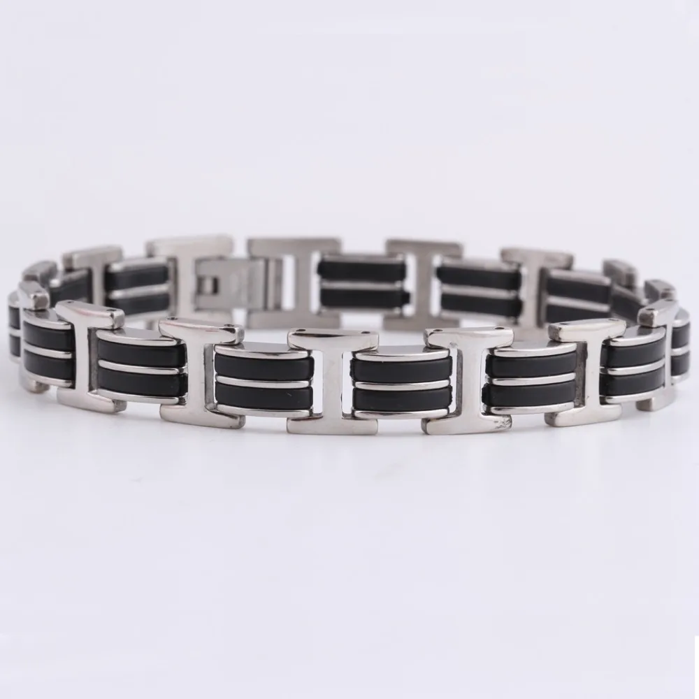 

Fashion New Silver Link Chain Rubber Stainless Steel Men's Bracelet Wrist band Men Bangle Cuff Wholesale jewlery