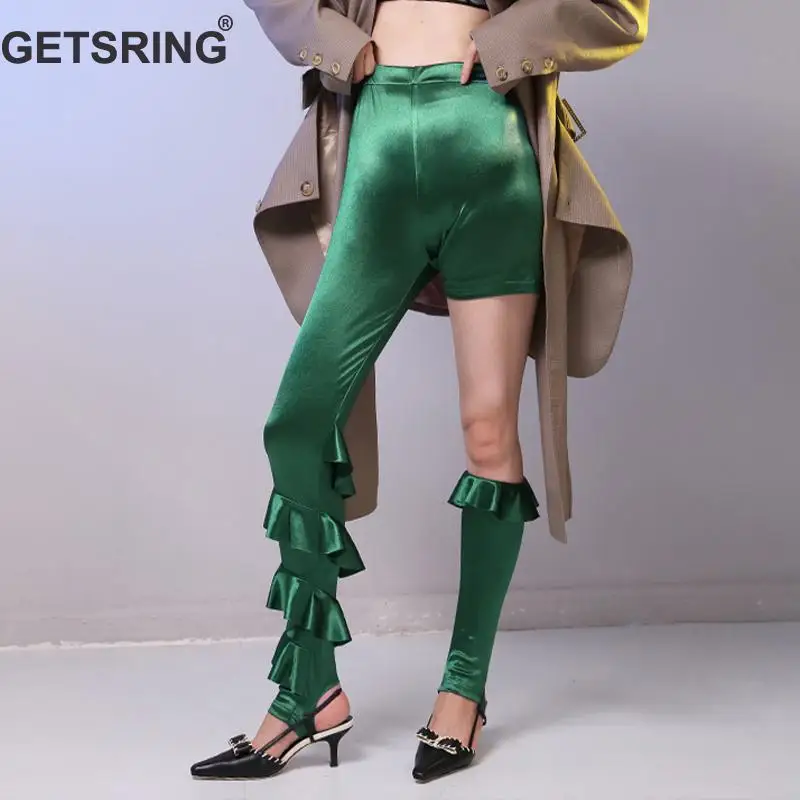 

GETSRING Women Leggings Satin Lotus Leaf Asymmetrical Bottompants High Waist Step Foot All Match Slim Thin Woman Legging Autumn