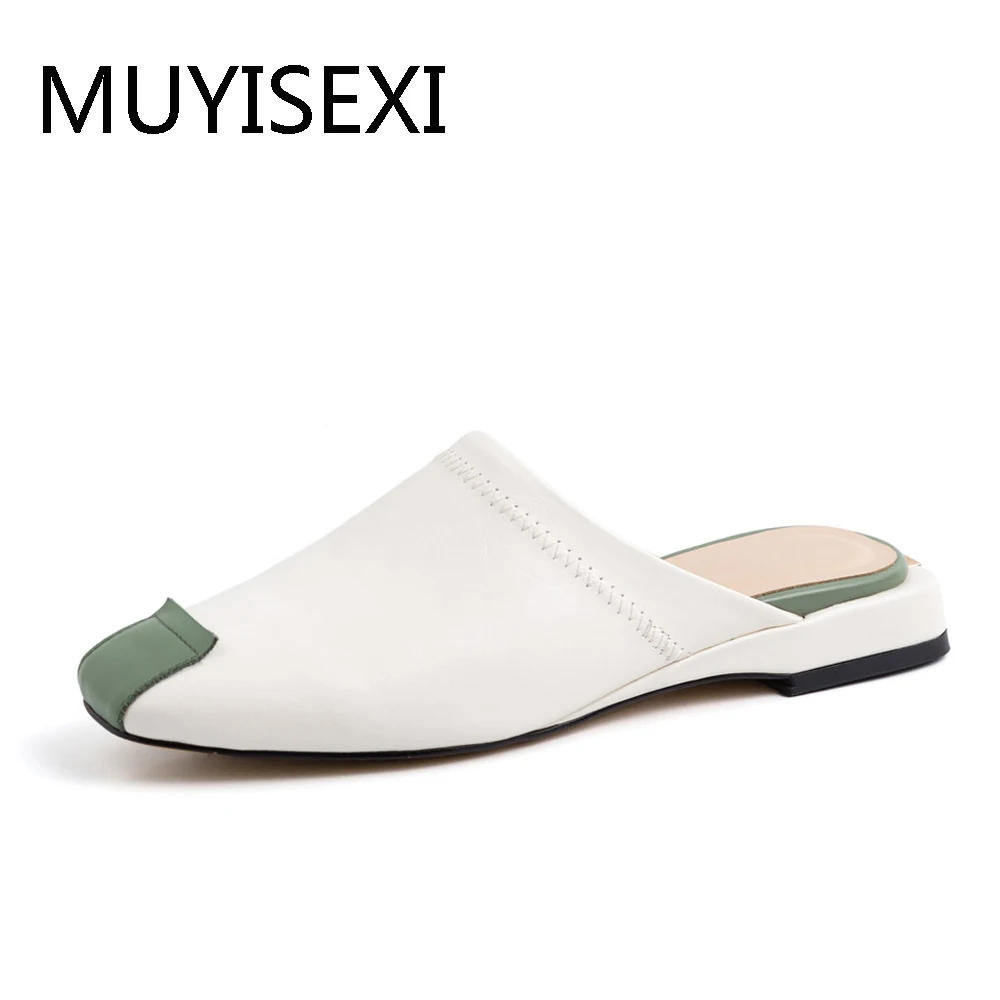 Marque Décontracté Confortables En Femmes Blanc 34 Muyisexi brown Green Pantoufles Véritable Chaussures Mules Cuir Plein 40 Plat Mms06 8dqU8