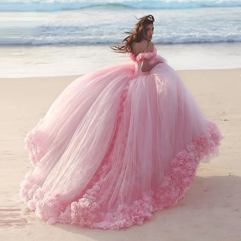 

Verngo Pink Princess Wedding Dresses with Flowers 2019 Lace-up Bridal Gown Boat-neck Custom made