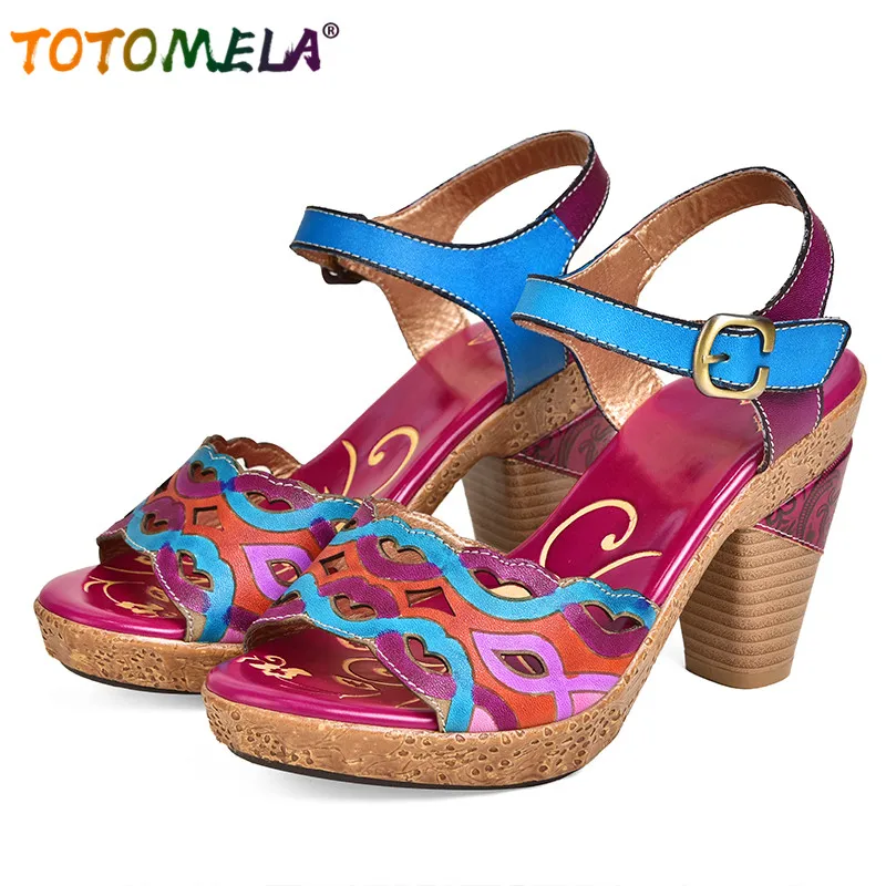 

TOTOMELA 2019 new high quality Genuine Leather shoes peep toe platform high heels vintage printing flower ethnic women sandals