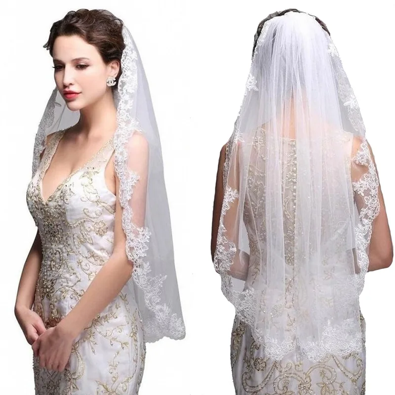 

Veu de Noiva 2019 Cheap Lace Edge Short Wedding Veil White Ivory One Layer Tulle Bridal Veil Wedding Accessories Voile Mariage
