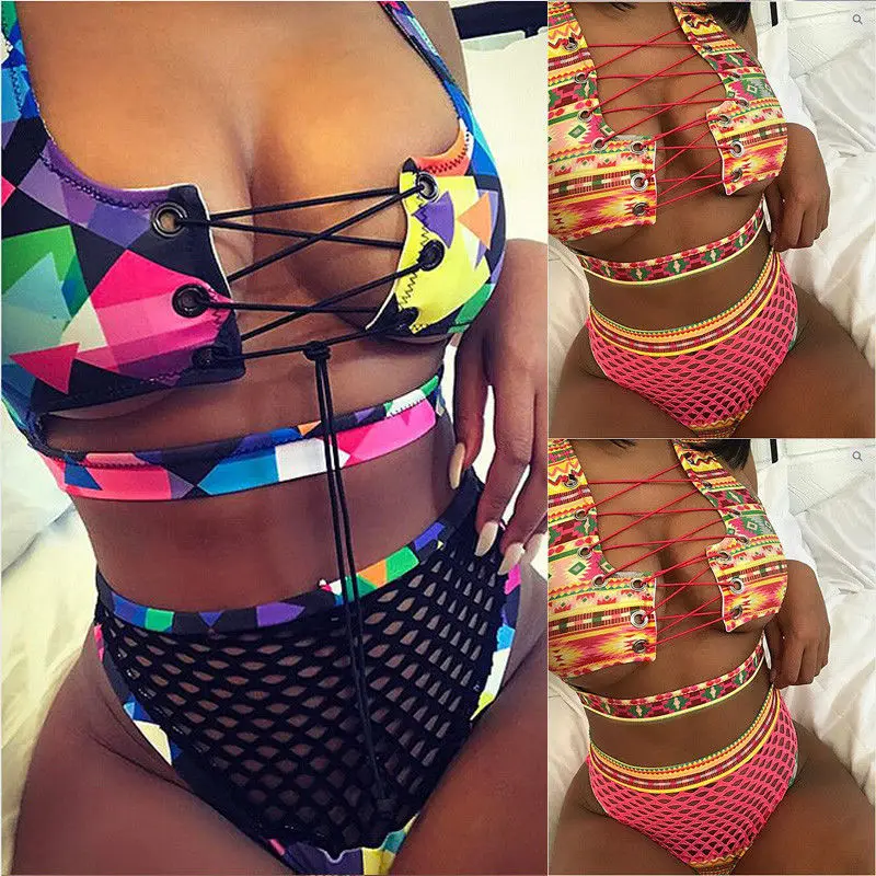 

Women Lace Up High Waist Bikini Set Push-up Padded Bra Mesh Print Big Fishnet Swimsuit Bathing Suit Swimwear