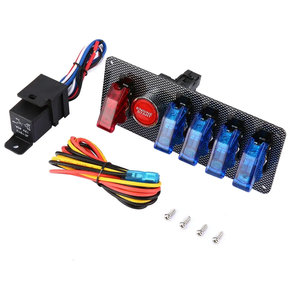 

12V Racing Car Ignition Switch + 4 Blue & 1 Red Toggle Button Panel LED Toggle Professional Switch for Car Modification