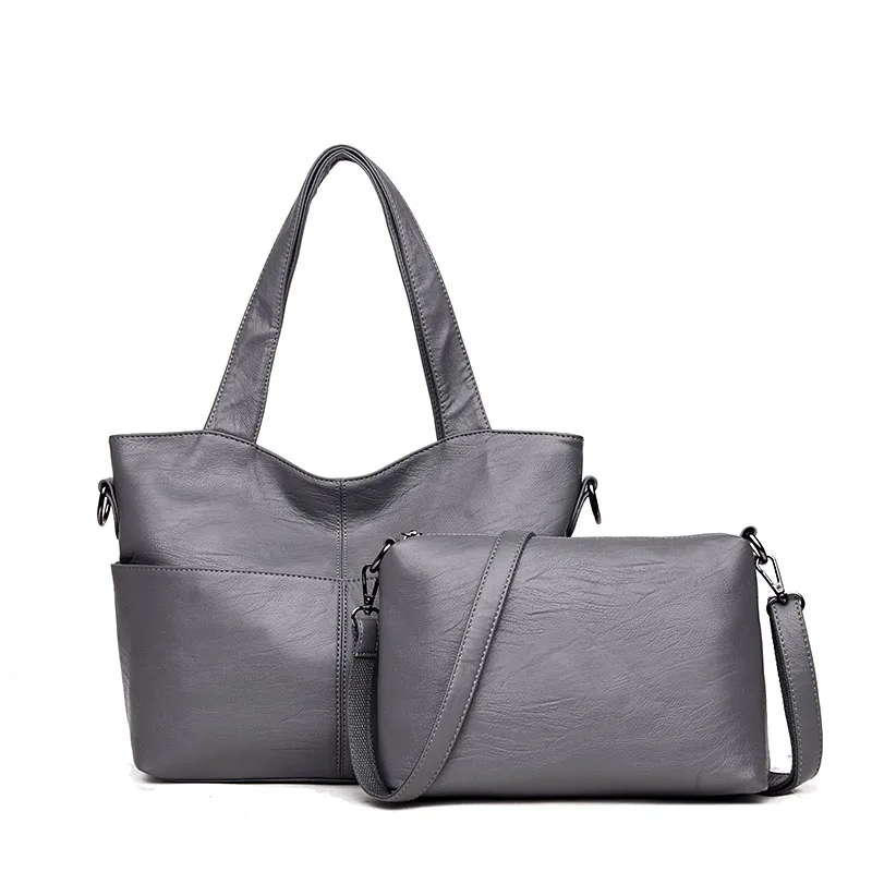 Женская кожаная сумка, женские сумки через плечо, 2 комплекта, известный бренд, дизайнерские женские сумки-мессенджеры, женские повседневные сумки-тоут - Цвет: Серый