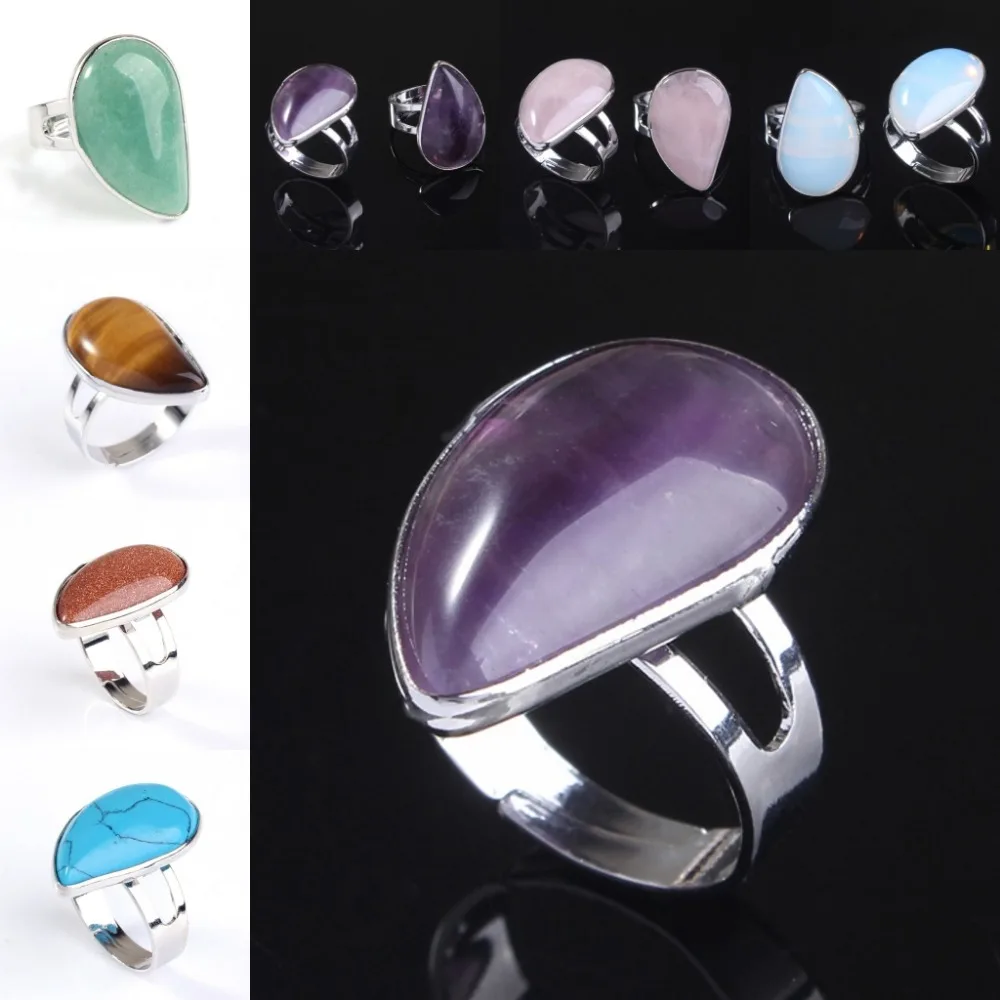 

Trendy-beads Silver Plated Adjustable Purple Amethysts Stone Water Drop Ring Rose Pink Quartz Opal Jewelry