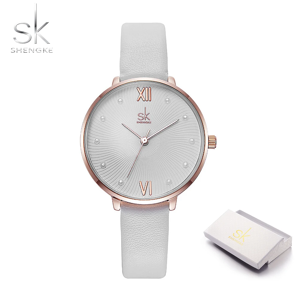 Shengke SK женские кварцевые часы с жемчужным циферблатом женские часы с белым кожаным ремешком Reloj Mujer женские часы в подарок на день Zegarek Damski SK1 - Цвет: white with box