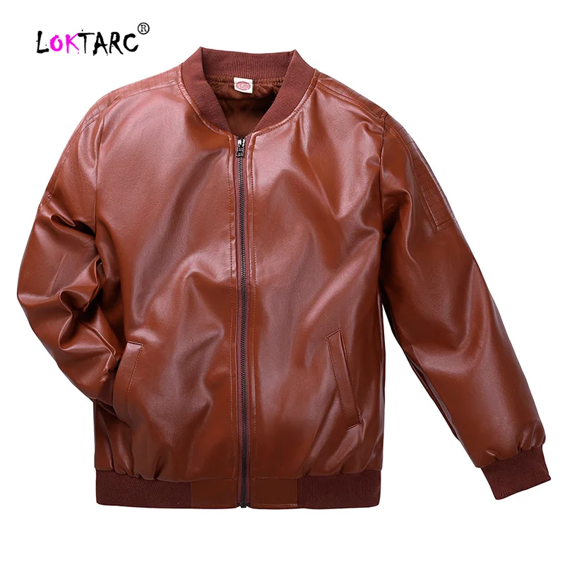 LOKTARC/кожаная куртка для мальчиков, байкерская куртка из искусственной кожи, Мото куртка для девочек-подростков, куртка-бомбер, Мотоциклетная Куртка Jaqueta Infantil - Цвет: Coffee
