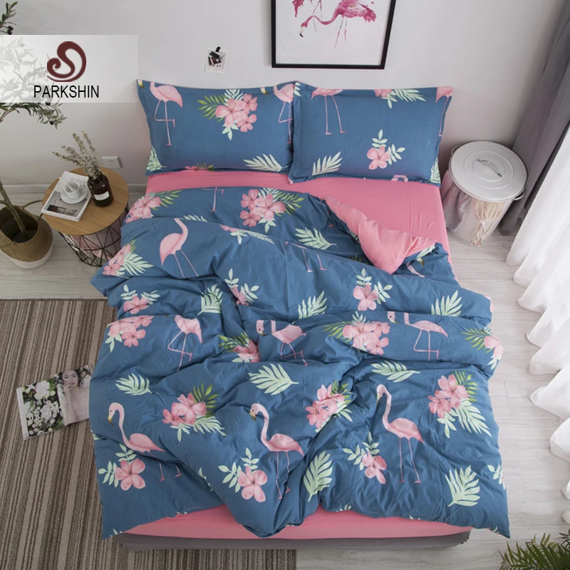 

Parkshin Pink Flamingos Bedding Set Blue Bed Sheets Duvet Cover Decor Euro Comforter Bedspread Double Queen King Bed Linens Set