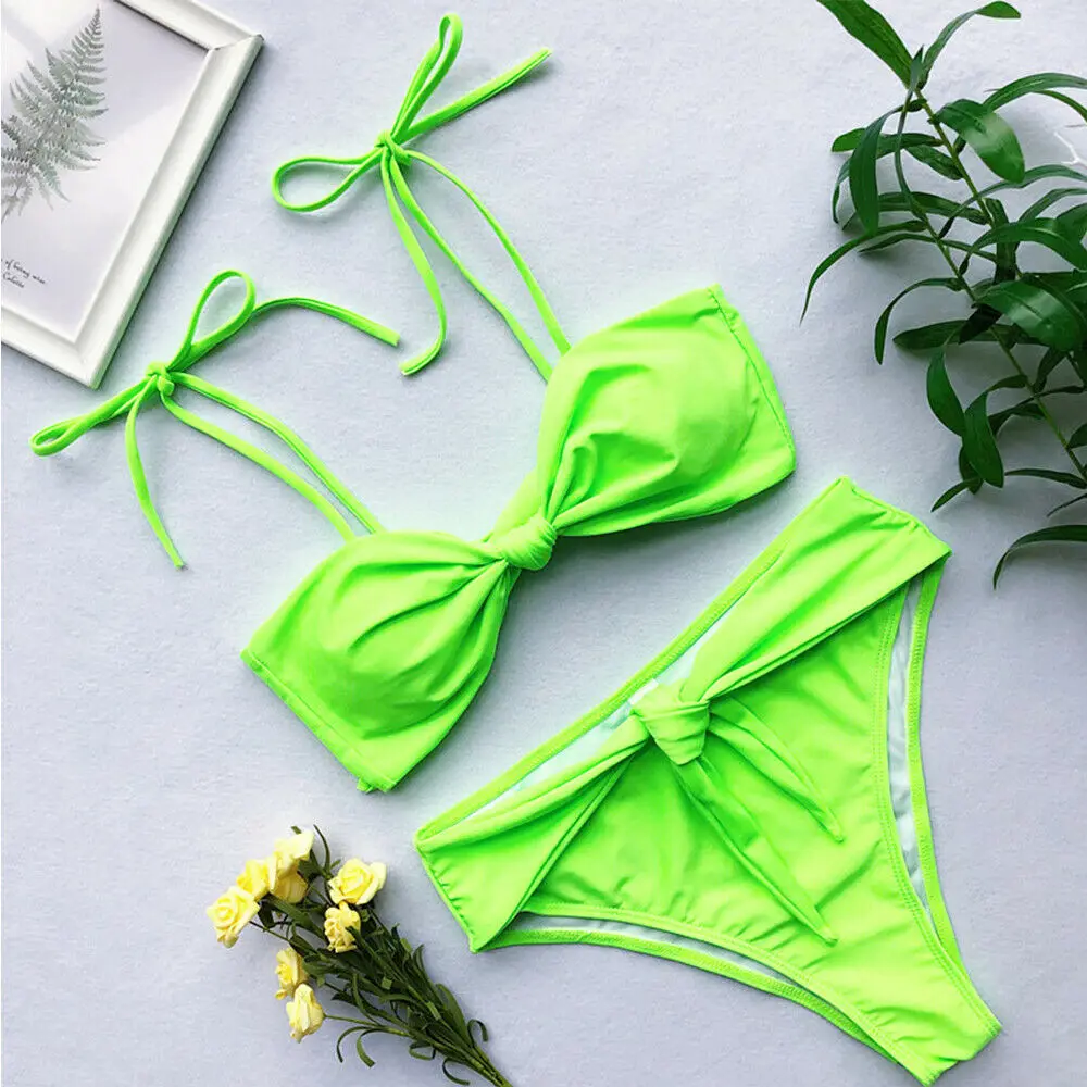 Neon Green Knotted Bikini 2019 Female High Waist Swimsuit Thong Swimwear Wire Free Scoop Neck Bathing Suit Swimming Suit 5009 Neon Green Knotted Bikini 2019 Female High Waist Swimsuit Thong Swimwear Wire Free Scoop Neck Bathing Suit Swimming Suit 5009