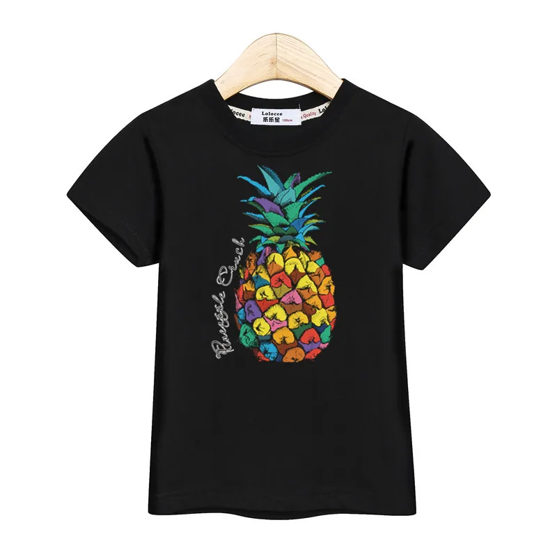 Детская футболка с тропическим ананасом Одежда для мальчиков в стиле ретро топы с короткими рукавами и принтом, рубашка для маленьких девочек летние хлопковые детские футболки на возраст от 3 до 14 лет - Цвет: Black
