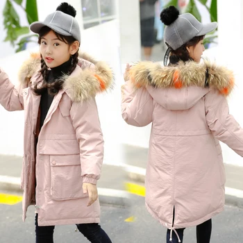 

XYF9979 Girl Winter 80% White Duck Down Coat Child Big Fur Collar Keep Warm Thick Hooded Jacket Long Outerwear kids Windbreaker