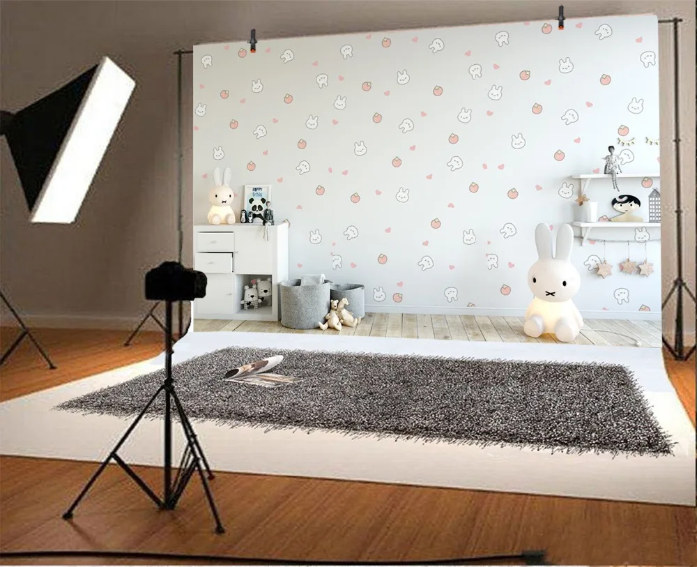 Laeacco Baby Room Interior Rabbit Pattern Wall Desk Photography Background Customized Photographic Backdrops For Photo Studio