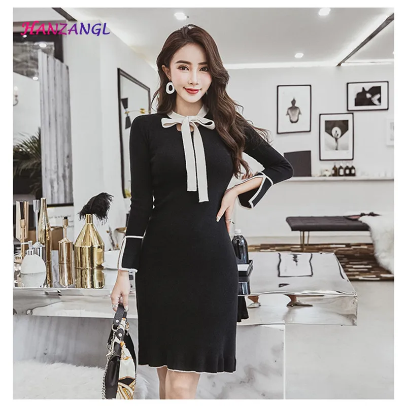 

2019 autumn winter brand knit sweater dress neckline with bow bow fashion ladies Elasticity knitting Cotton dresses