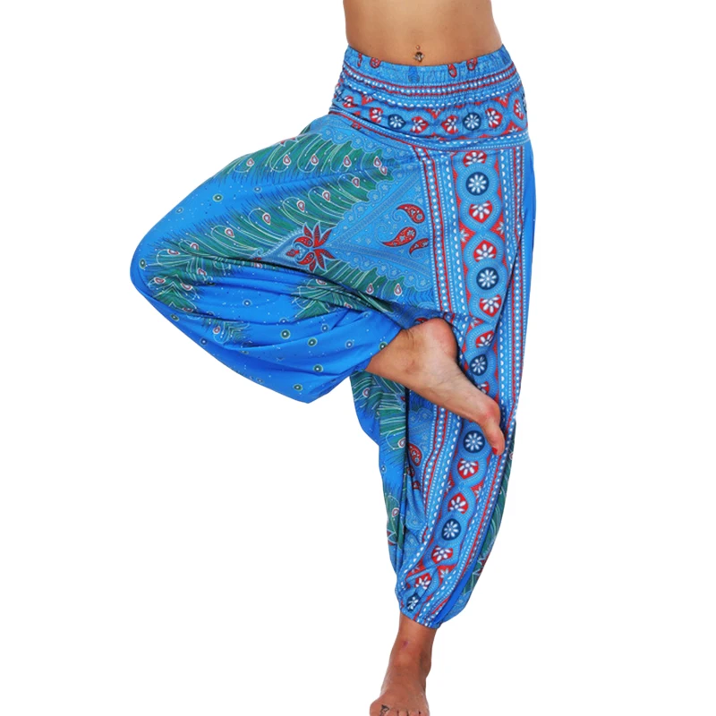 One Size Women Thai Indian Harem Trousers Comfy Boho Pants Long Beach Summer Pants Casual Loose Low Cut Floral Trousers