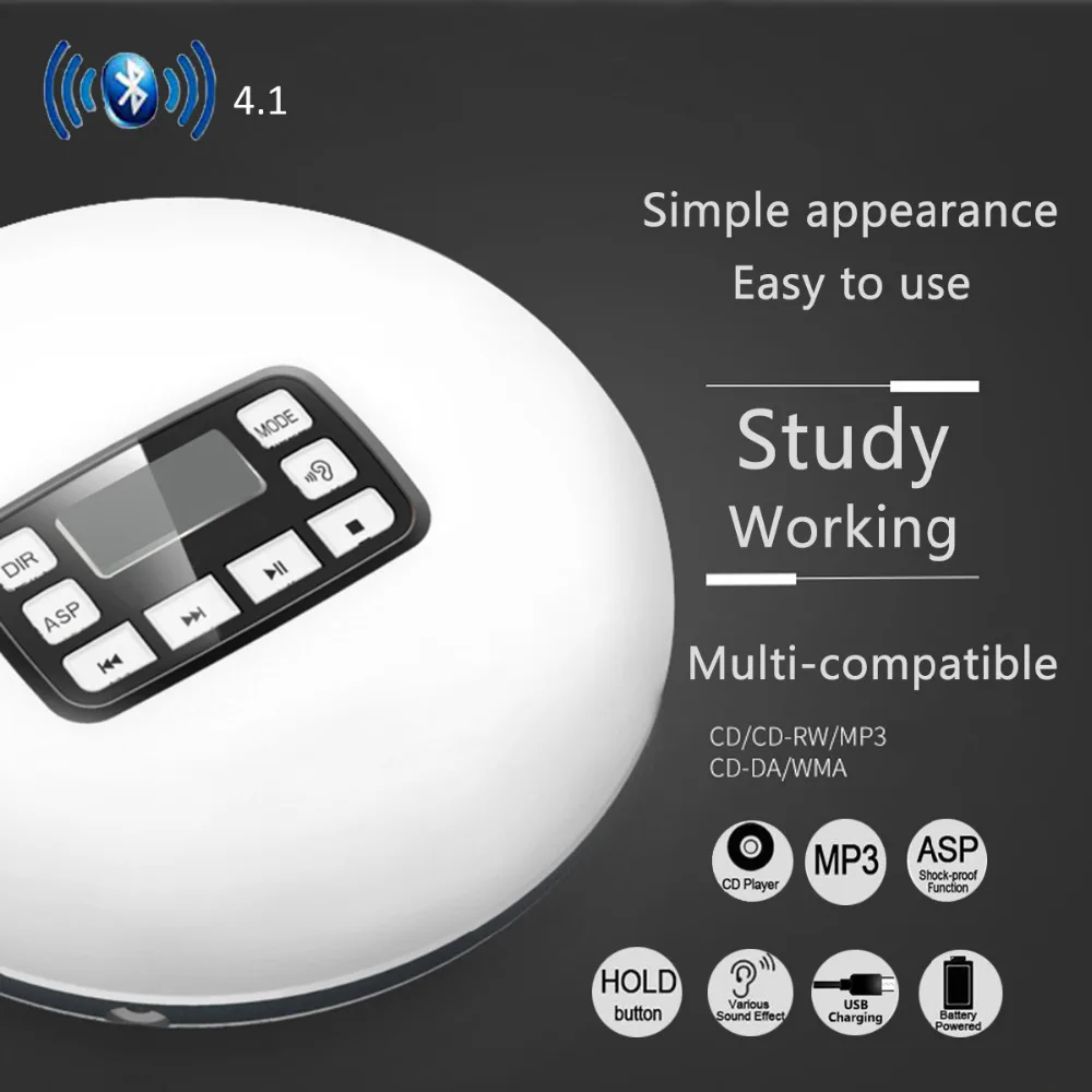 

2019 HOTT Bluetooth4.1 Portable CD Player With LED Display Jack Anti-Skip Protection Anti-Shock Personal 8Music Disc Player 611T