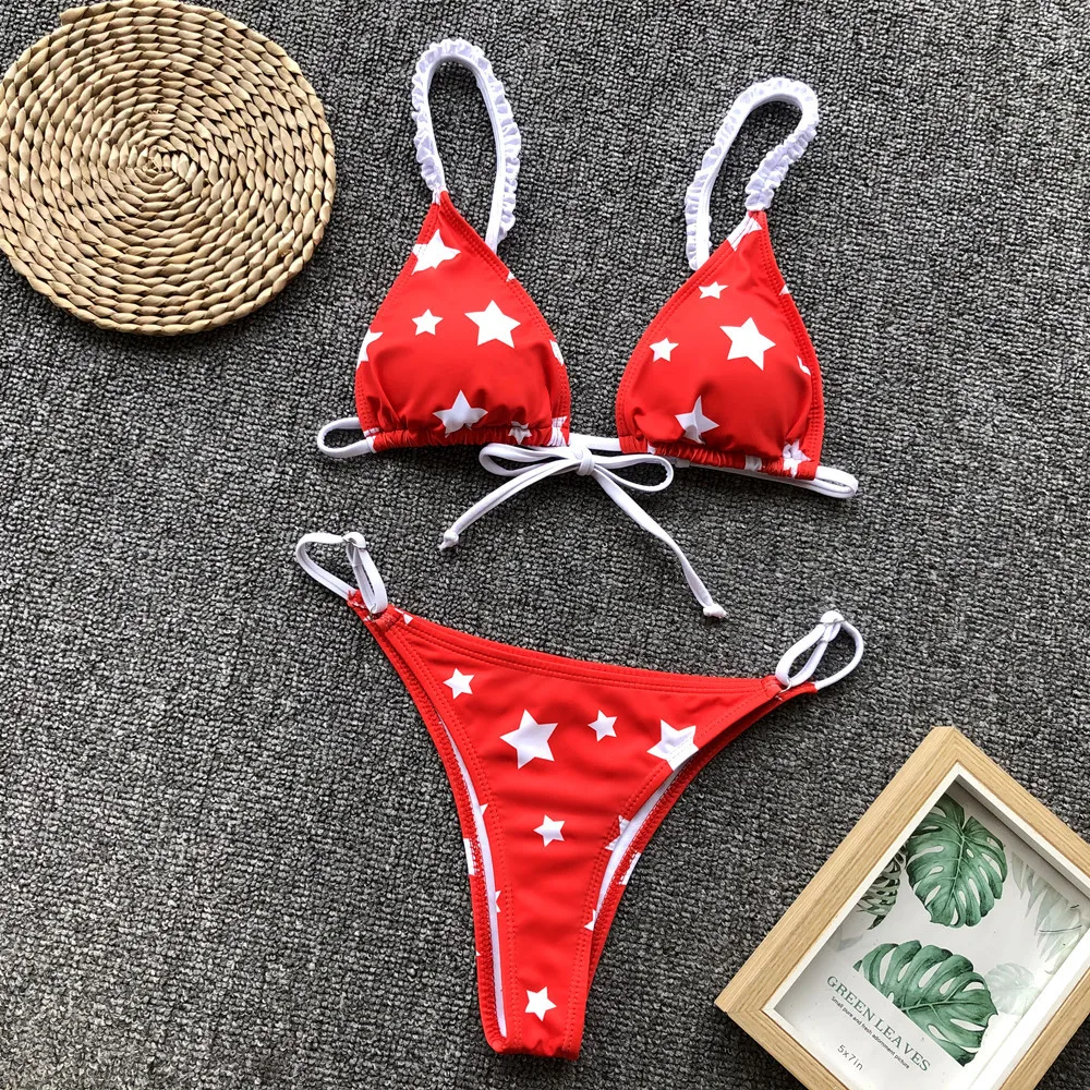 

Tiny Bikini Brazilian Red Ruffle Front Bow Knot Cute Stars Print Bathing Suit Women Swimwear Sexy Push Up Micro Bandeau Swimsuit