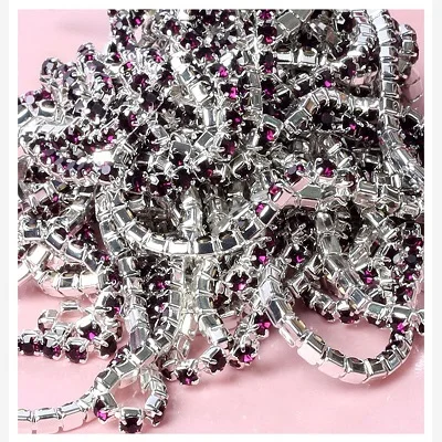 1yard/piece 30colors glass crystal Rhinestone Chain,silver bottom sew on Cup Chains For diy Garment Bags decorations Deep Purple