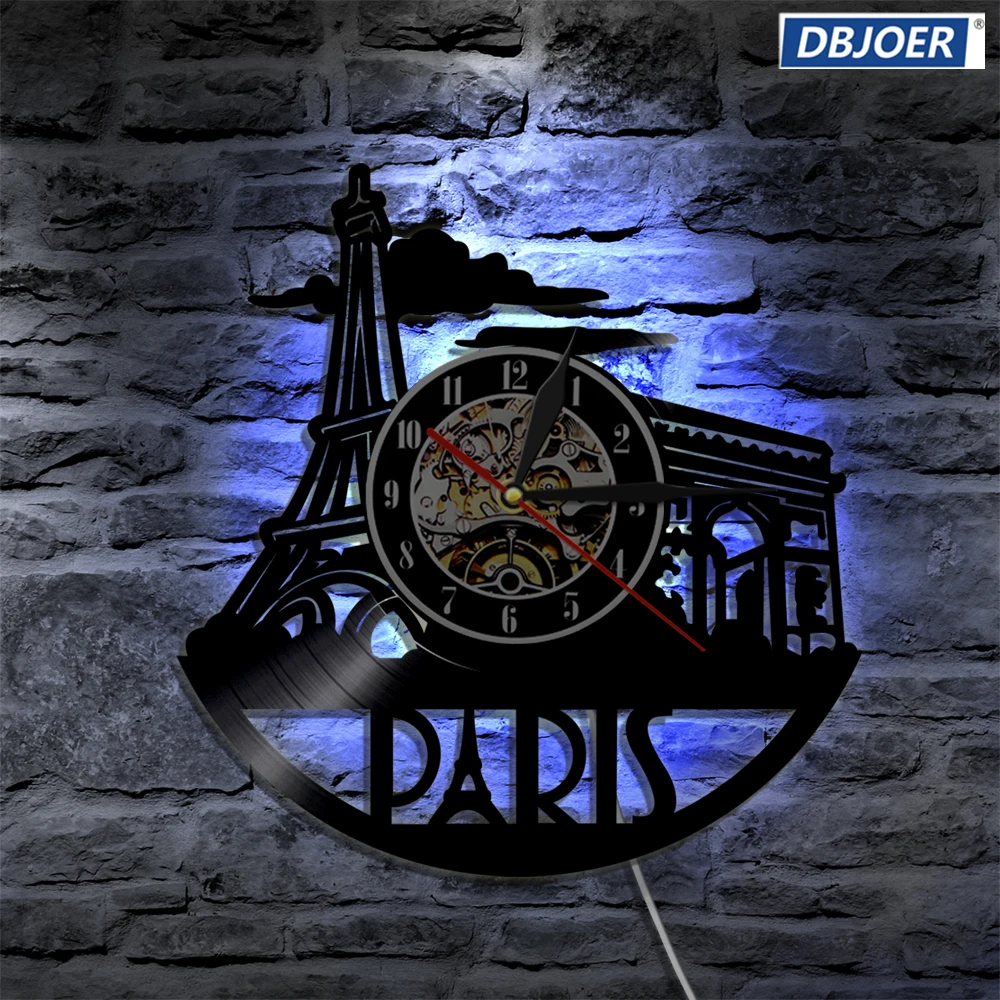 Paris City LED Vinyl Clock Lighting Color Change Wall Light Remote Controller Modern Backlight Cool Living Room Interior | Дом и сад