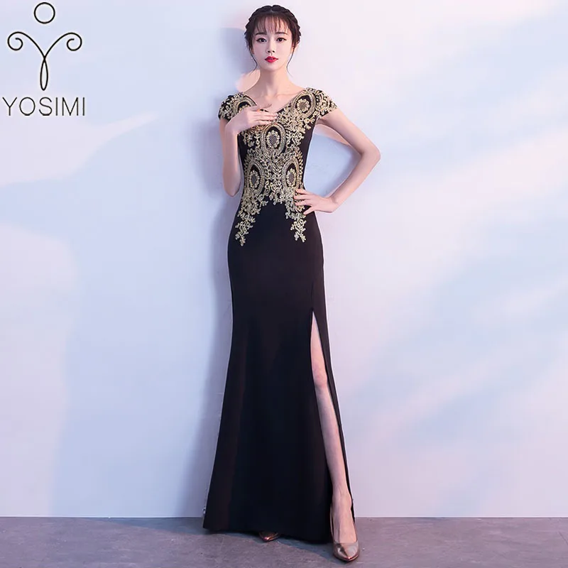 YOSIMI, вечернее платье, летнее, v-образный вырез, короткий рукав, элегантное, Русалка, макси, длинное, благородное, тонкое, женское платье, красный разрез, вышивка - Цвет: Черный