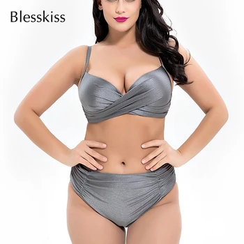 

Blesskiss Plus Size Bikini Swimwear Women 2019 Summer Ladies High Waist Retro Swimsuit Push Up Top Bathing Suit For Big Bottom