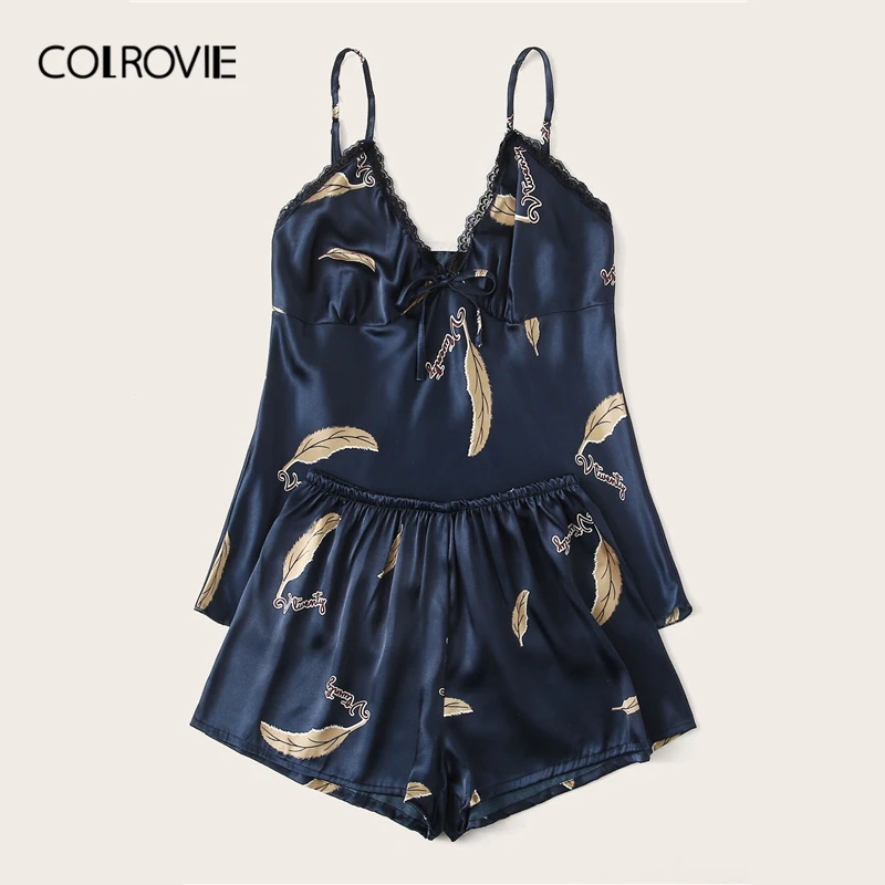 COLROVIE перо печати атласный Cami пижамный комплект для женщин повседневные короткие наборы летнее нижнее белье Ночная рубашка Дамская пижама