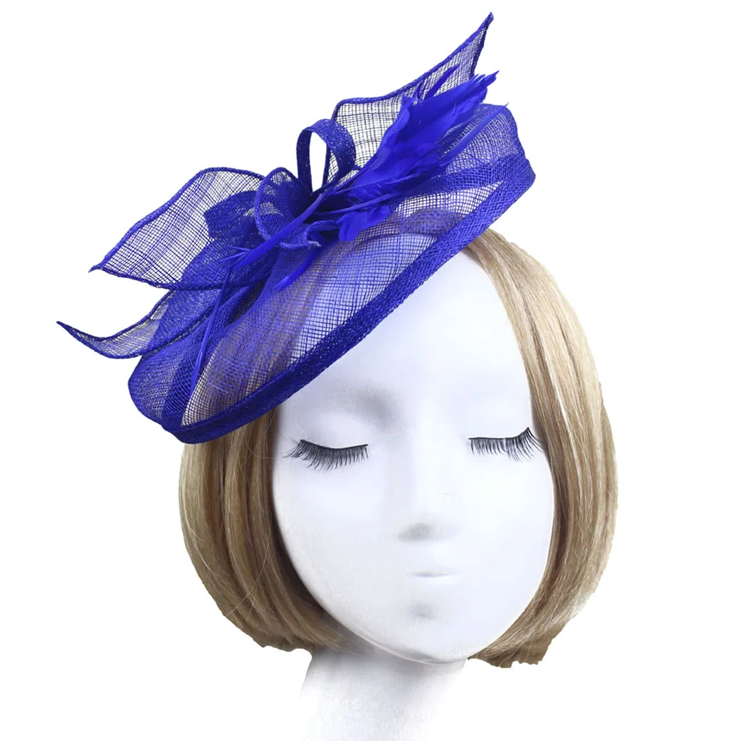 Fascinator de la red de Flor de pelo azul marino y pluma tocados en un peine Bodas