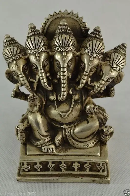 China Silver Buddhism Tibet 5 Head Ganapati Ganesh Lord Ganesha Buddha