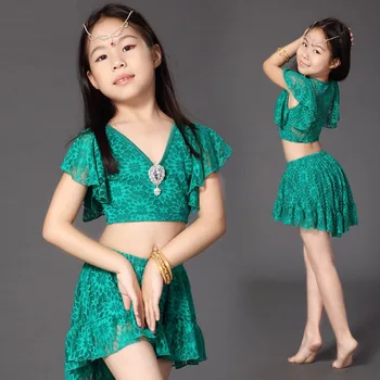 

2017 New Belly Dance Costumes For Girl Children 2Pcs(Top+Skirt) Lace Kids Tribal Belly Dance Pracitce Indian Dance Costumes