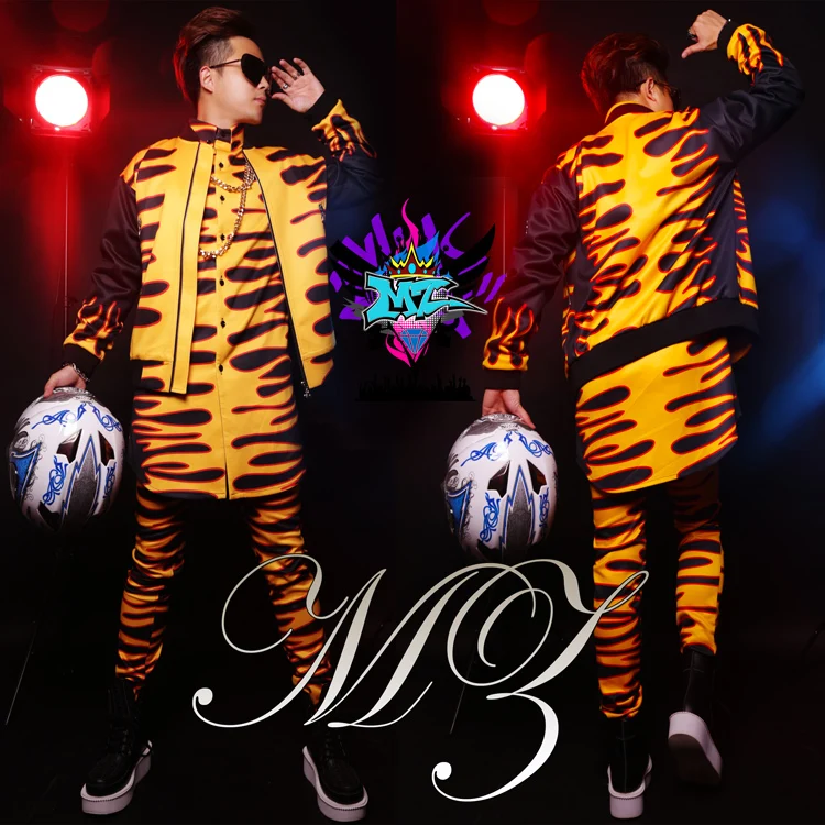 

S-5XL ! men's new DJ male singer Red yellow The flame baseball uniform long shirts jacket coat costumes stage clothing