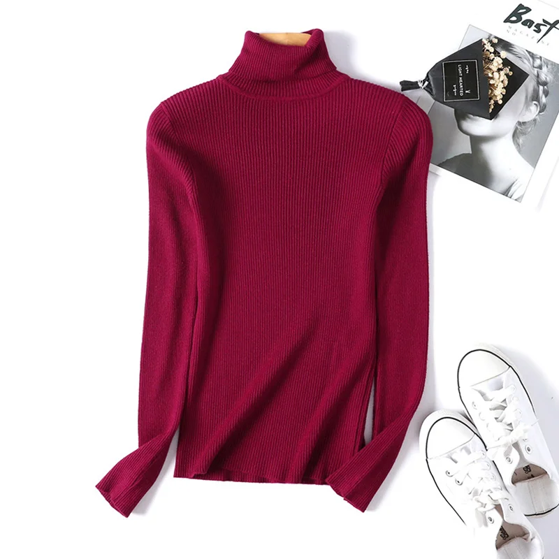 Теплый зимний женский свитер, пуловер с высоким воротом, вязаные свитера для дам, длинный рукав, высокая эластичность, мягкий, осенний, меньше is more - Цвет: Wine red